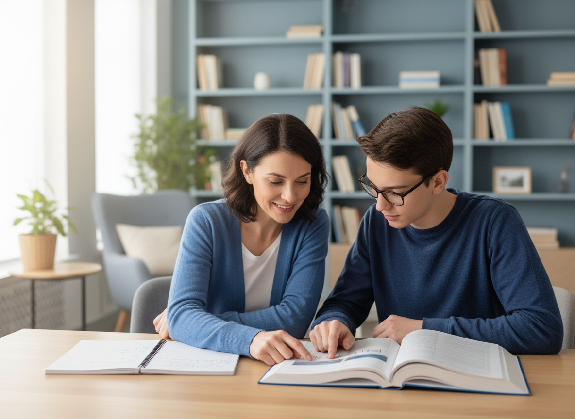 A warm, professional tutoring scene: a friendly adult tutor sitting beside a student at a bright wooden table, natural window light.