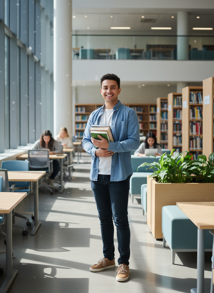 A smiling confident young student holding books in a bright modern study space.